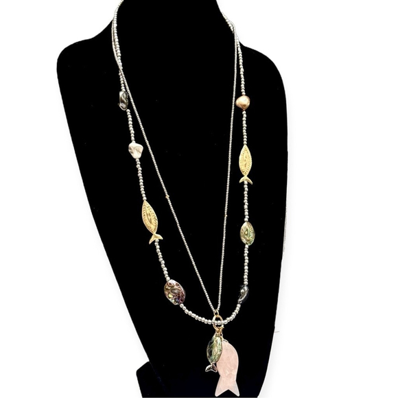 CHICO’S Convertible Two-Tone Abalone & Pink Quartz Fish Beaded Necklace Set-NWT - Picture 2 of 13